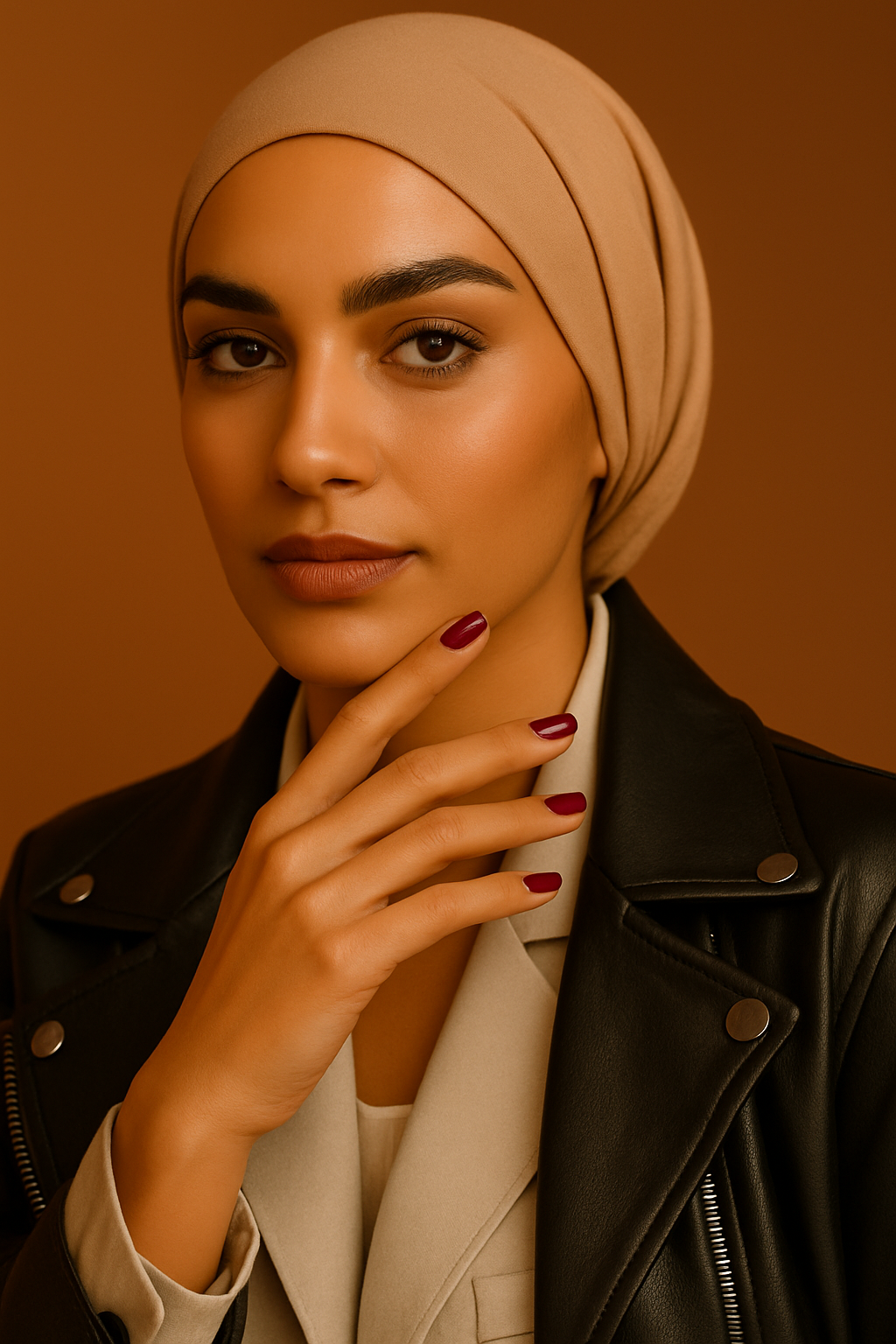 Confident Muslim woman wearing a beige hijab and chic layered outfit with burgundy nail polish, showcasing LENA breathable halal-friendly nail polish in an elegant warm-toned fashion portrait.