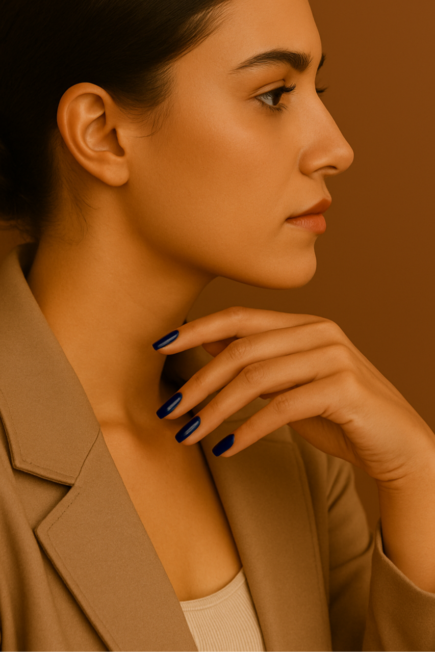 Beautiful confident woman wearing a chic office outfit with deep blue nail polish, showcasing LENA breathable halal-friendly nail polish