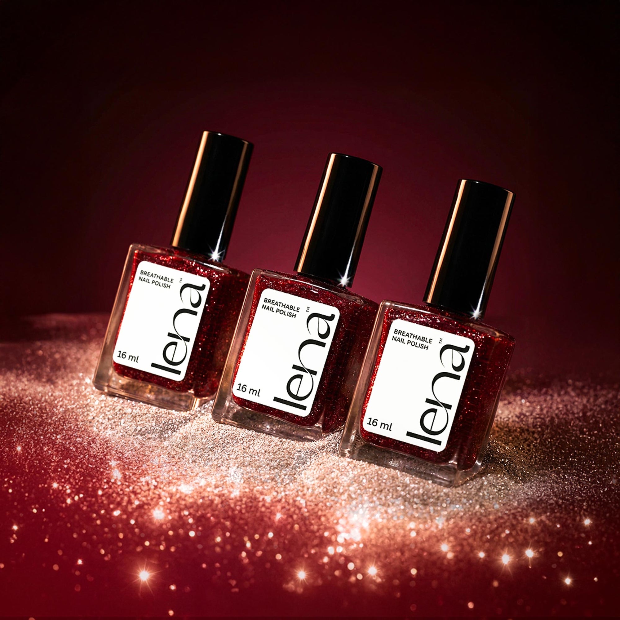 LENA Flash Effect Collection breathable halal nail polish bottles with ultra-reflective glitter sparkle on shimmering background, showing intense light reflections and glossy finish.